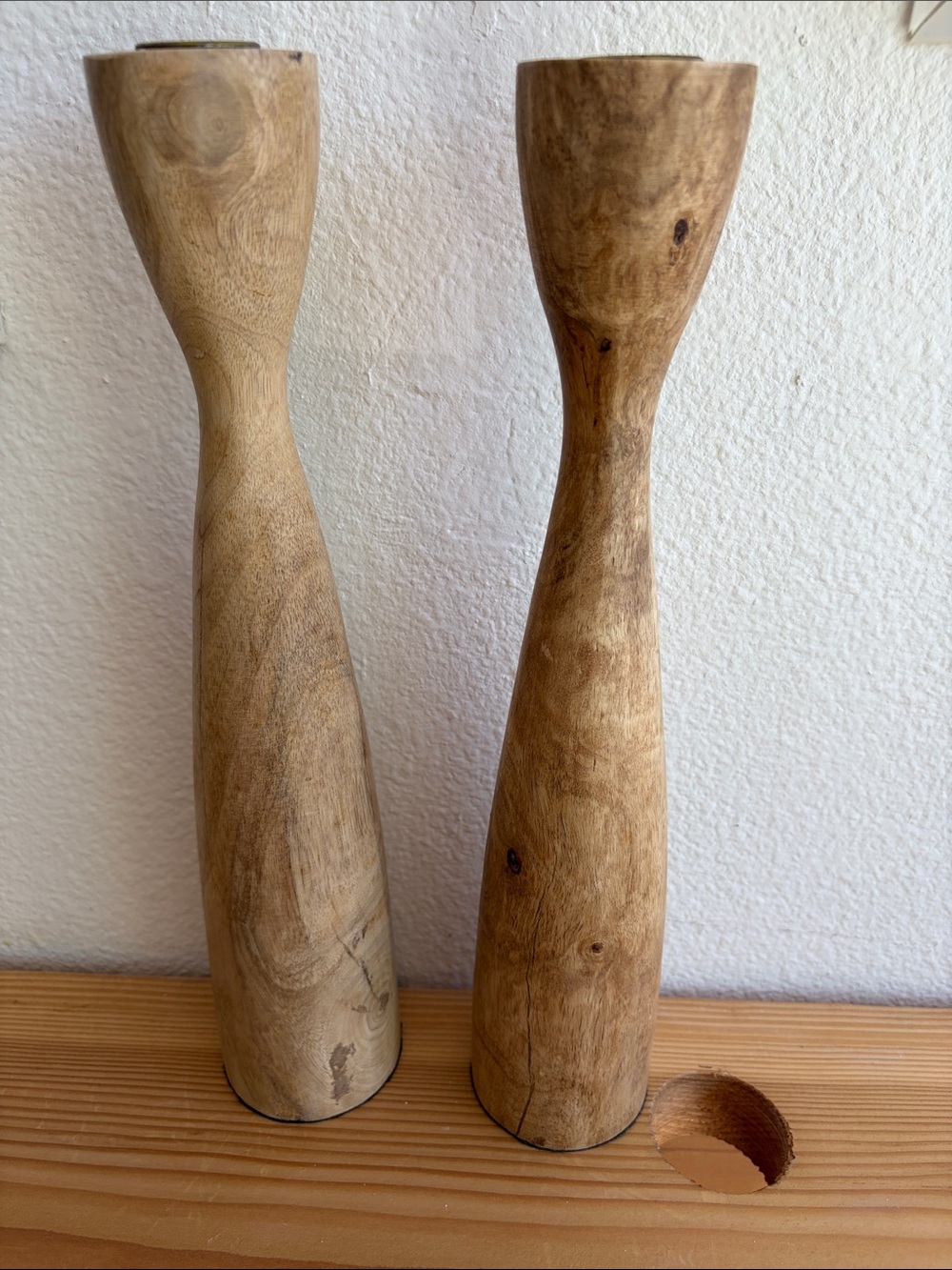 Pair of Carved Wooden Candle Holders - Natural Wood